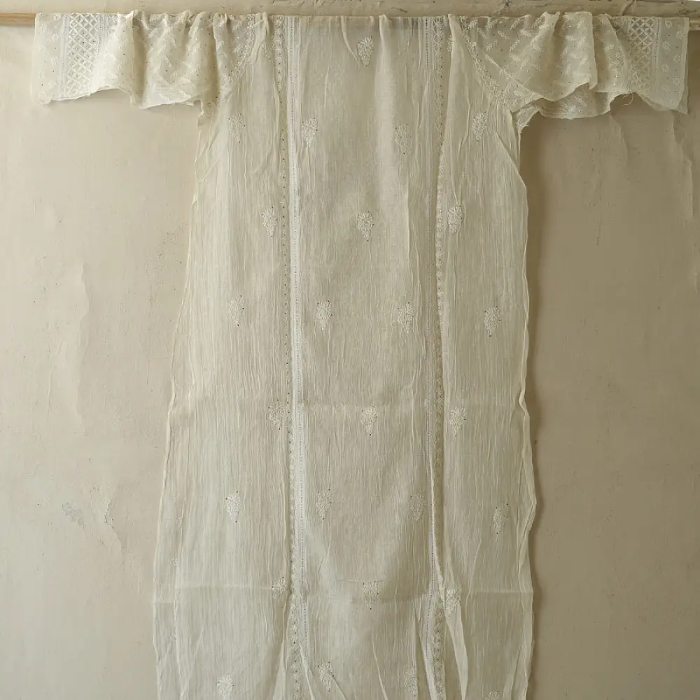 handcrafted lucknowi chikankari and mukaish work unstitched off white cotton kurta length with intricate shadow work embroidery and metallic kamdani embellishments and dupatta