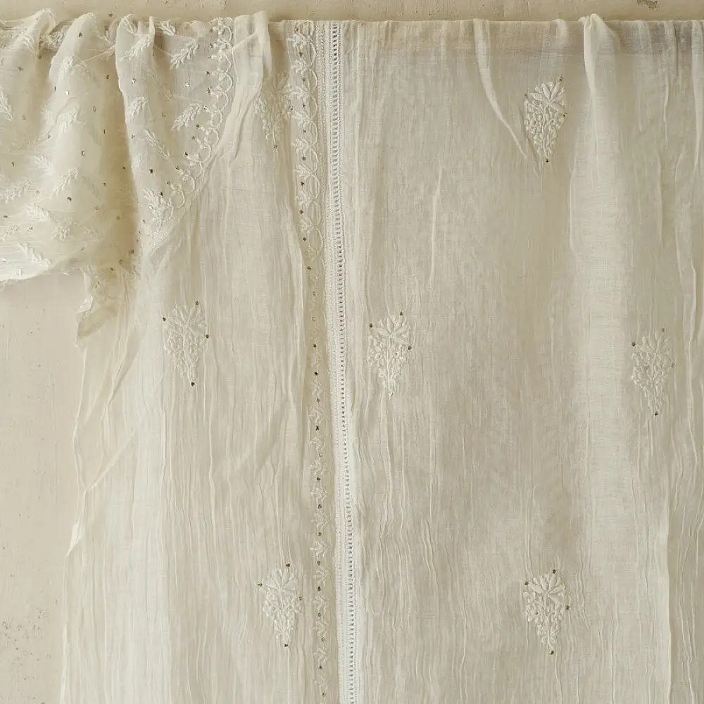 handcrafted lucknowi chikankari and mukaish work unstitched off white cotton kurta length with intricate shadow work embroidery and metallic kamdani embellishments and dupatta