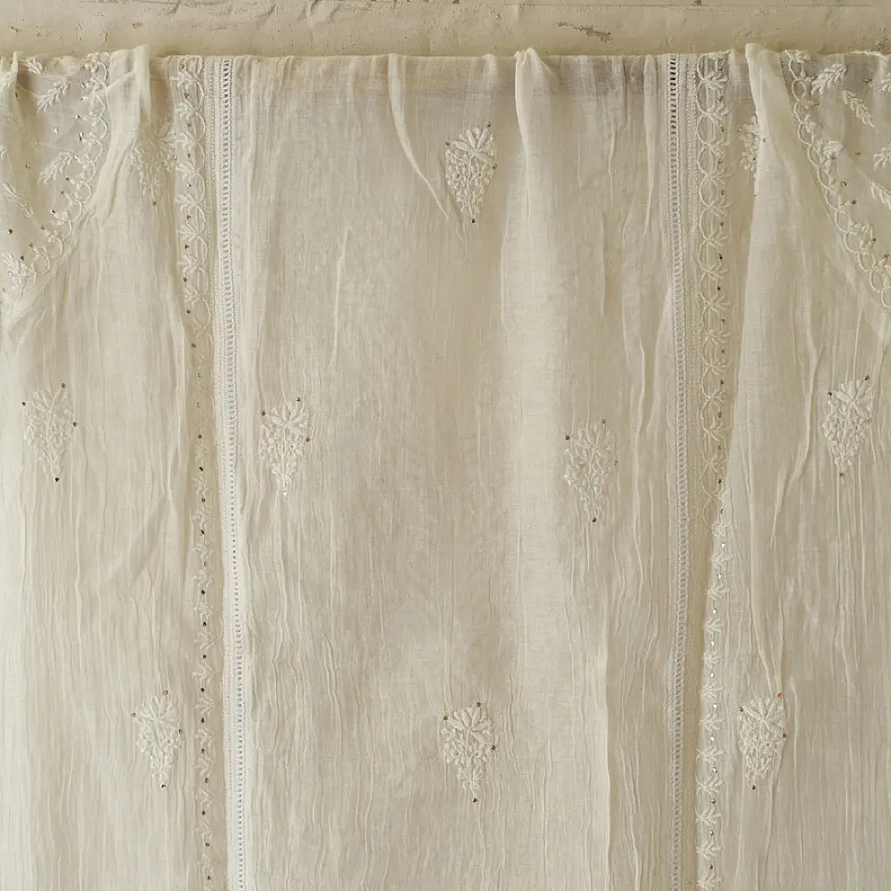 handcrafted lucknowi chikankari and mukaish work unstitched off white cotton kurta length with intricate shadow work embroidery and metallic kamdani embellishments and dupatta
