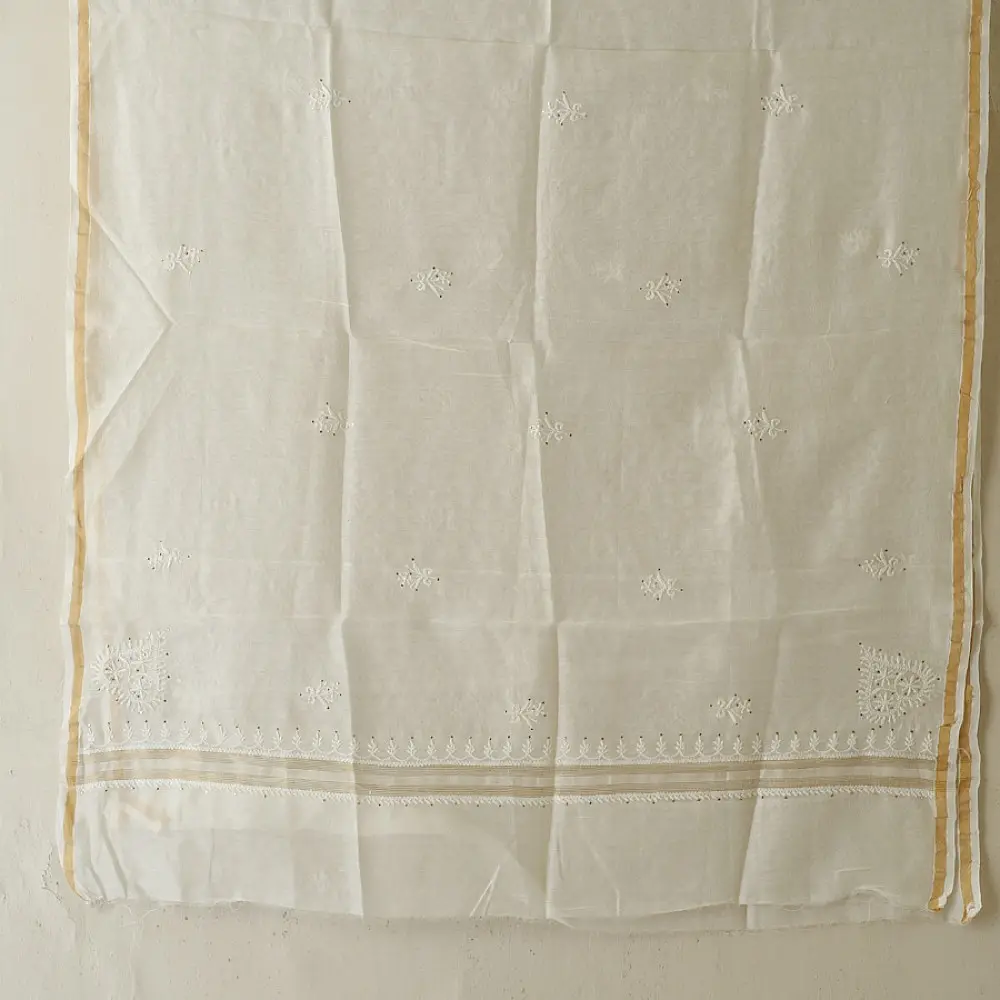 handcrafted lucknowi chikankari and mukaish work unstitched off white cotton kurta length with intricate shadow work embroidery and metallic kamdani embellishments and dupatta
