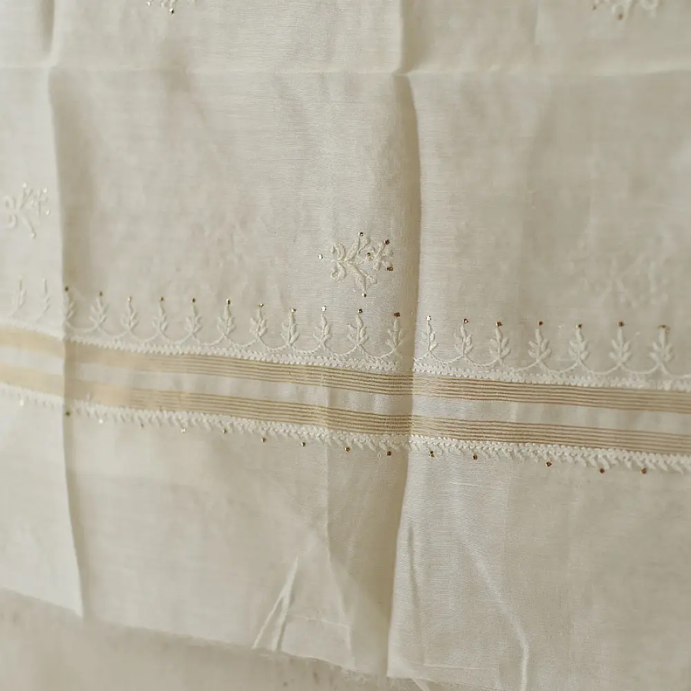 handcrafted lucknowi chikankari and mukaish work unstitched off white cotton kurta length with intricate shadow work embroidery and metallic kamdani embellishments and dupatta