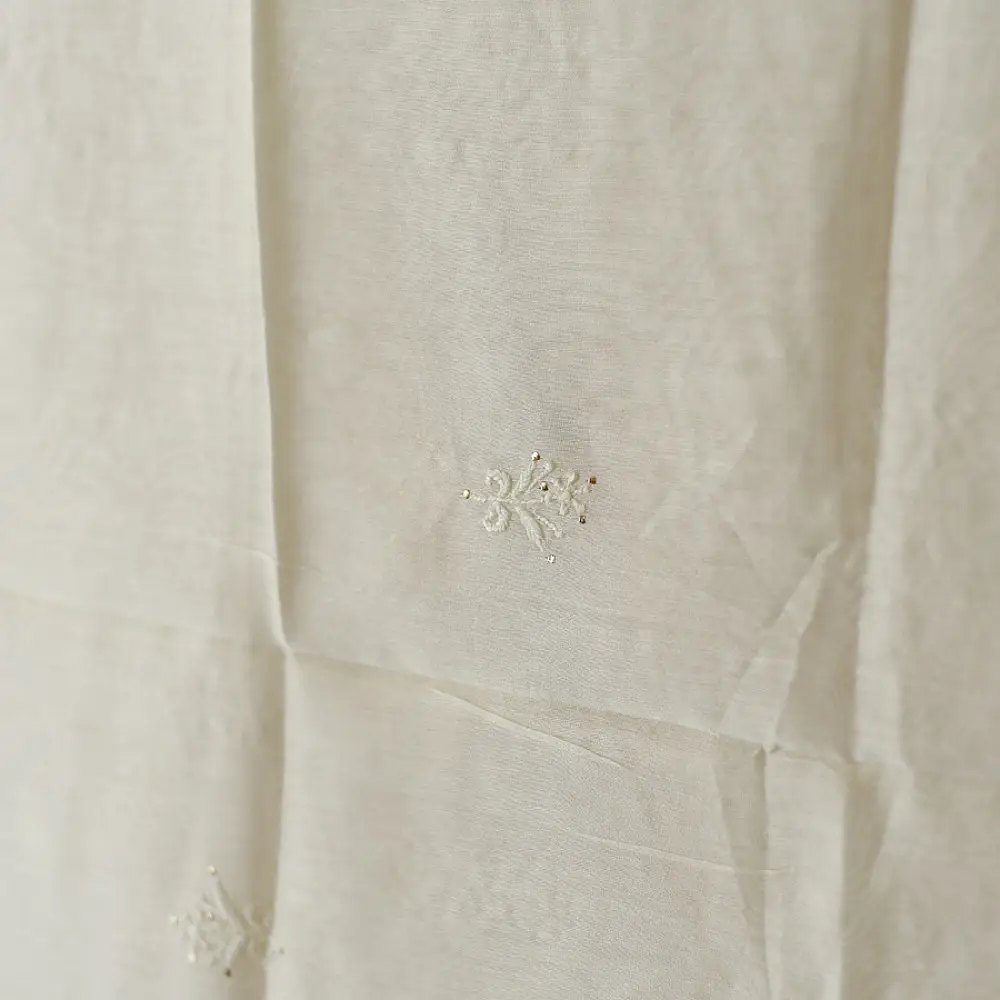 handcrafted lucknowi chikankari and mukaish work unstitched off white cotton kurta length with intricate shadow work embroidery and metallic kamdani embellishments and dupatta