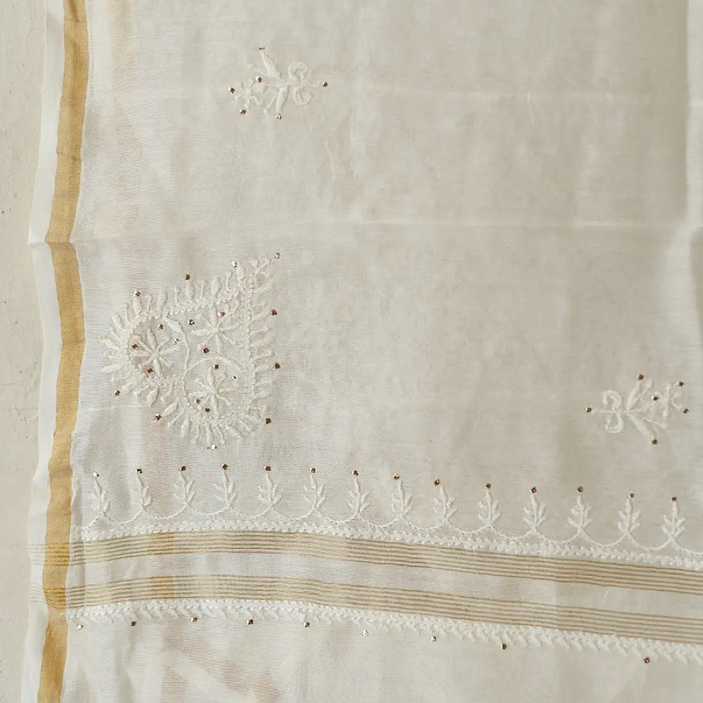 handcrafted lucknowi chikankari and mukaish work unstitched off white cotton kurta length with intricate shadow work embroidery and metallic kamdani embellishments and dupatta