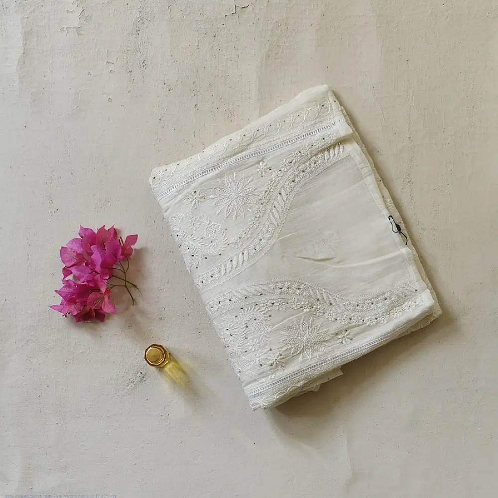 handcrafted lucknowi chikankari and mukaish work unstitched off white cotton kurta length with intricate shadow work embroidery and metallic kamdani embellishments and dupatta