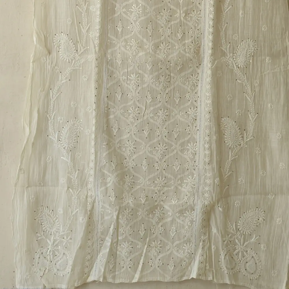 handcrafted lucknowi chikankari and mukaish work unstitched off white cotton kurta length with intricate shadow work embroidery and metallic kamdani embellishments and dupatta