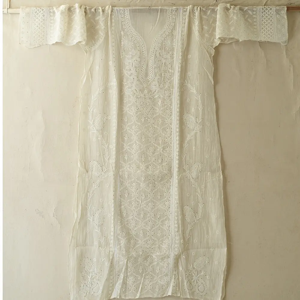 handcrafted lucknowi chikankari and mukaish work unstitched off white cotton kurta length with intricate shadow work embroidery and metallic kamdani embellishments and dupatta