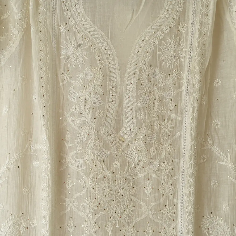 handcrafted lucknowi chikankari and mukaish work unstitched off white cotton kurta length with intricate shadow work embroidery and metallic kamdani embellishments and dupatta