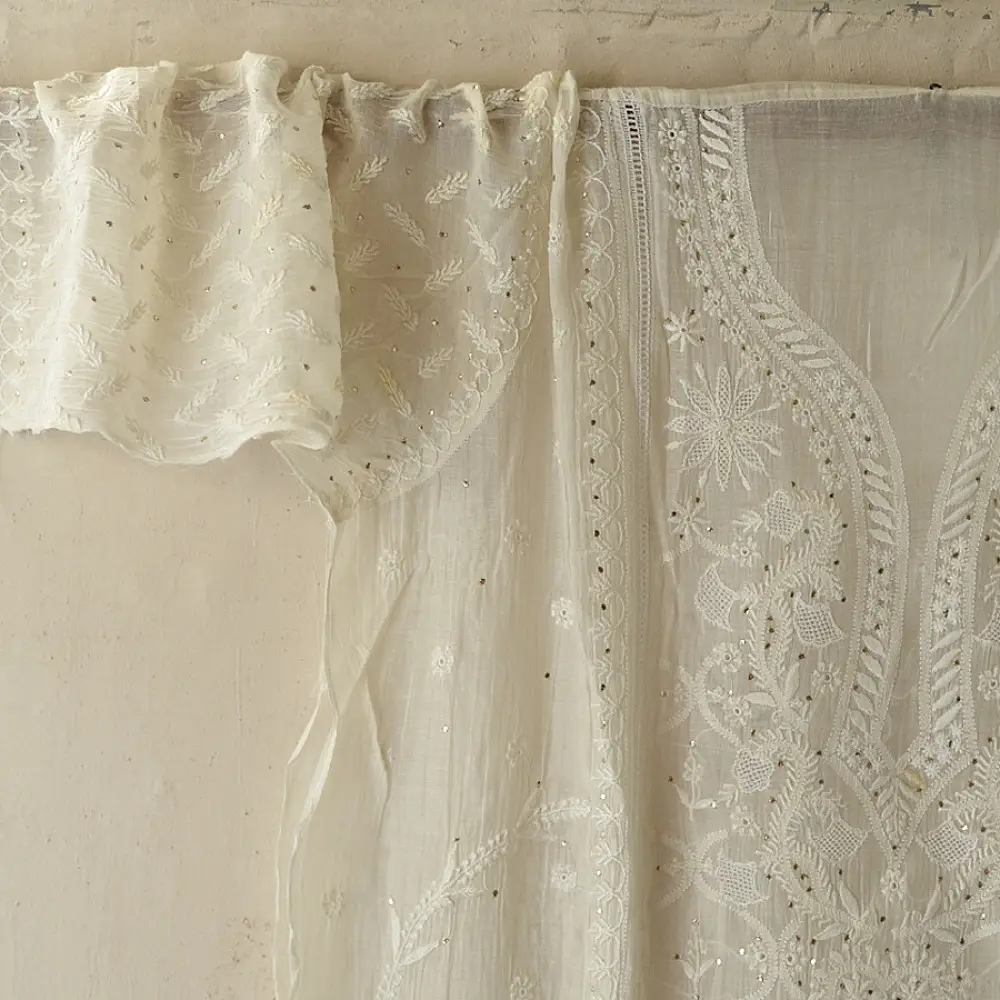 handcrafted lucknowi chikankari and mukaish work unstitched off white cotton kurta length with intricate shadow work embroidery and metallic kamdani embellishments and dupatta