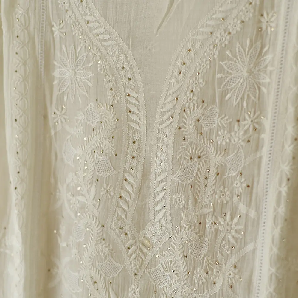 handcrafted lucknowi chikankari and mukaish work unstitched off white cotton kurta length with intricate shadow work embroidery and metallic kamdani embellishments and dupatta