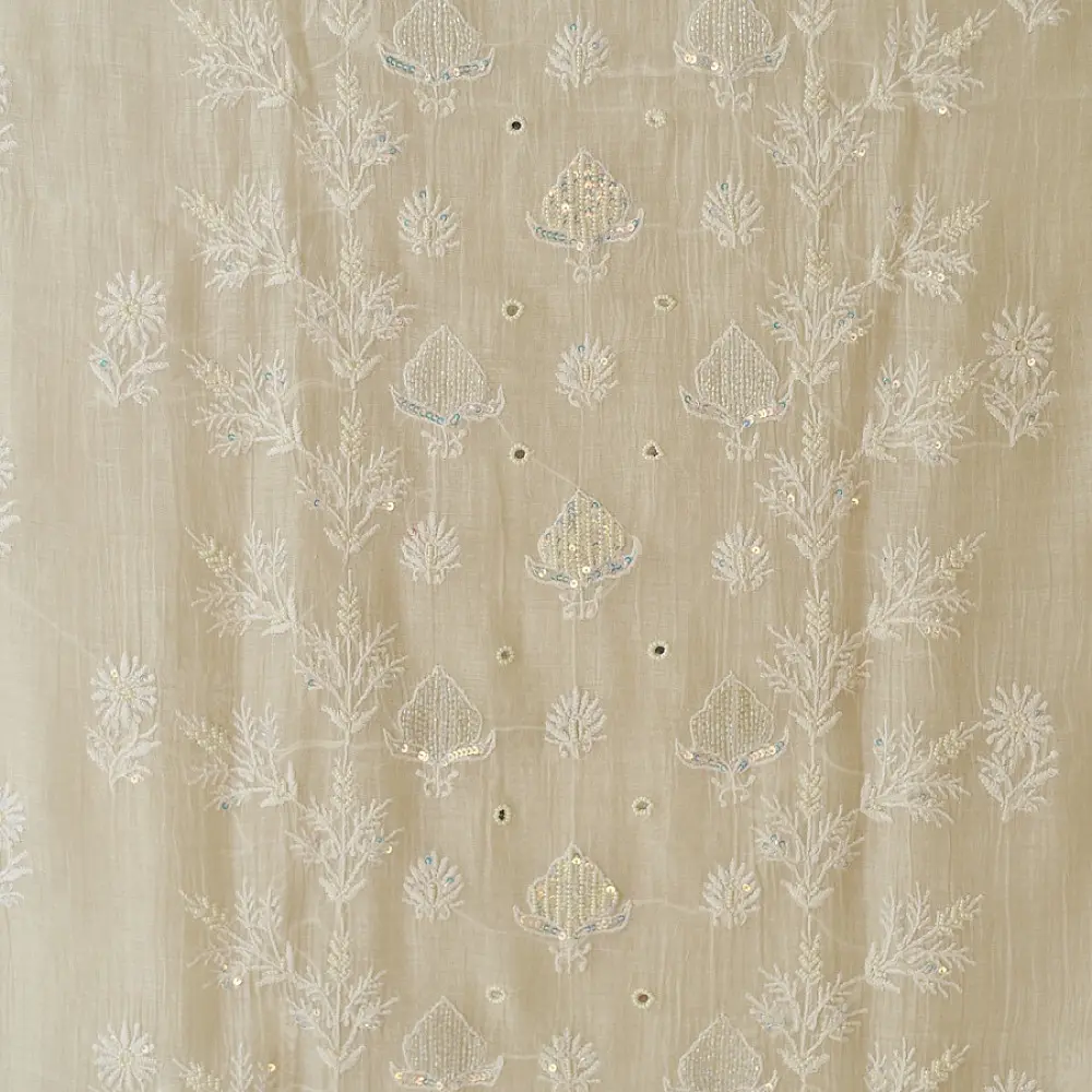 unstitched pure silk chanderi ivory chikankari kurta fabric with dupatta featuring front back resham hand embroidery and metallic mukaish work highlights