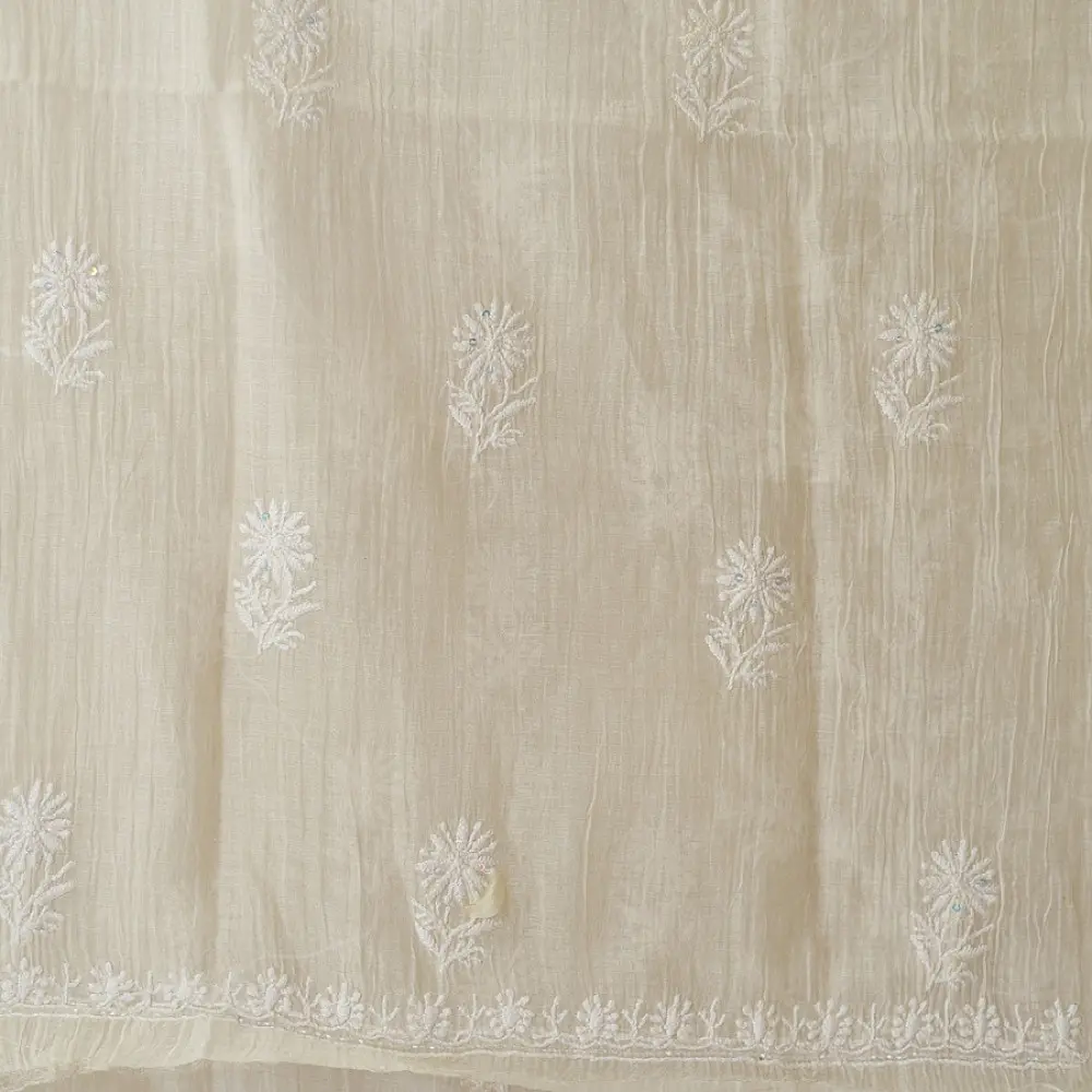 unstitched pure silk chanderi ivory chikankari kurta fabric with dupatta featuring front back resham hand embroidery and metallic mukaish work highlights