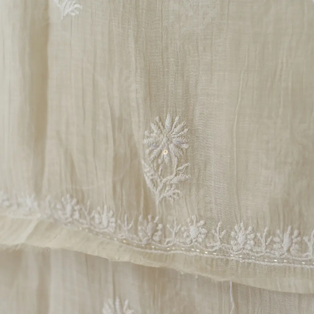 unstitched pure silk chanderi ivory chikankari kurta fabric with dupatta featuring front back resham hand embroidery and metallic mukaish work highlights
