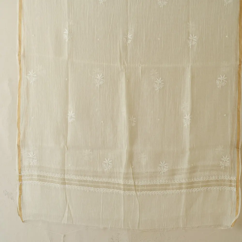 unstitched pure silk chanderi ivory chikankari kurta fabric with dupatta featuring front back resham hand embroidery and metallic mukaish work highlights