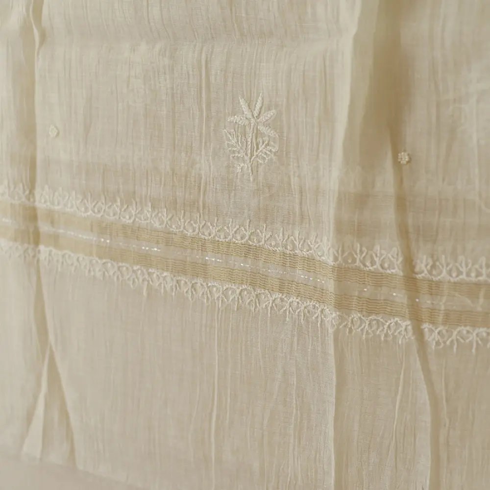 unstitched pure silk chanderi ivory chikankari kurta fabric with dupatta featuring front back resham hand embroidery and metallic mukaish work highlights
