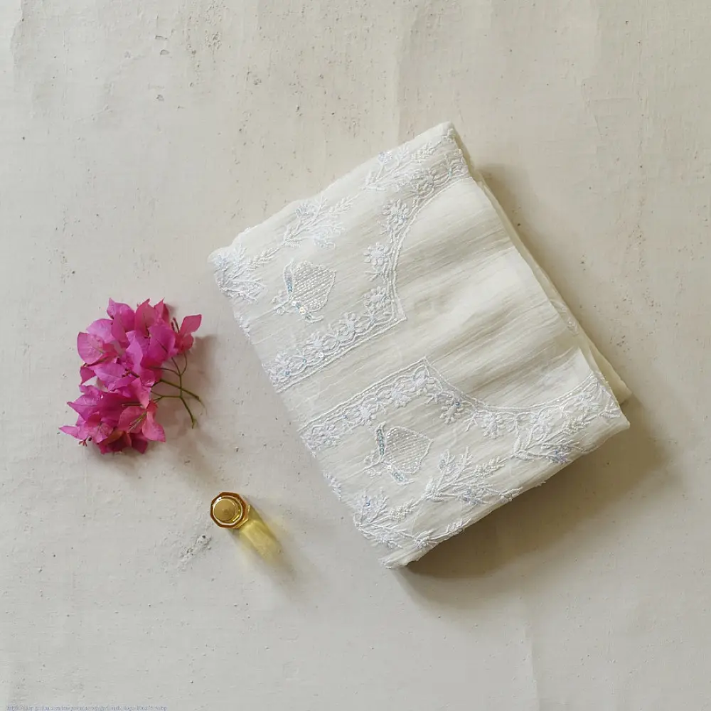 unstitched pure silk chanderi ivory chikankari kurta fabric with dupatta featuring front back resham hand embroidery and metallic mukaish work highlights