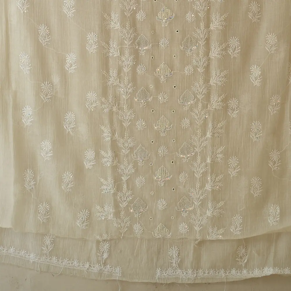 unstitched pure silk chanderi ivory chikankari kurta fabric with dupatta featuring front back resham hand embroidery and metallic mukaish work highlights