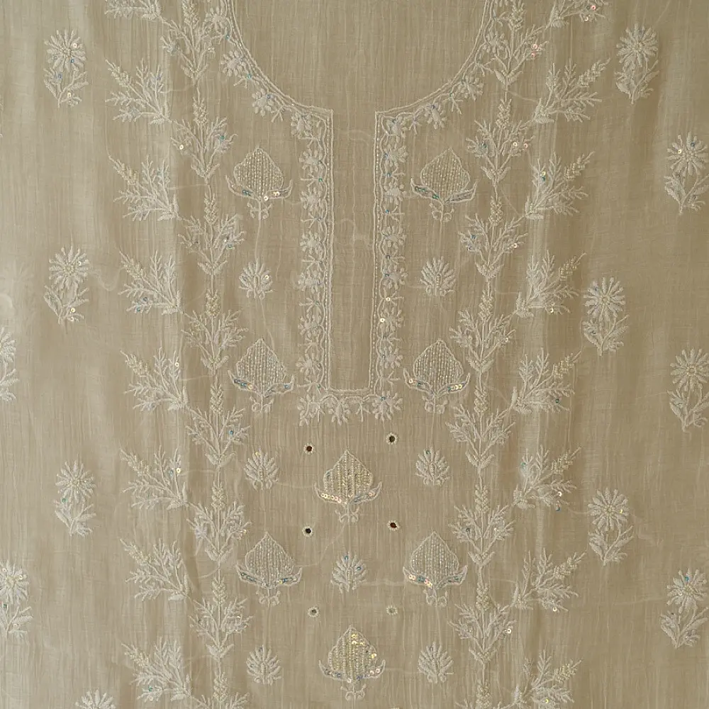 unstitched pure silk chanderi ivory chikankari kurta fabric with dupatta featuring front back resham hand embroidery and metallic mukaish work highlights