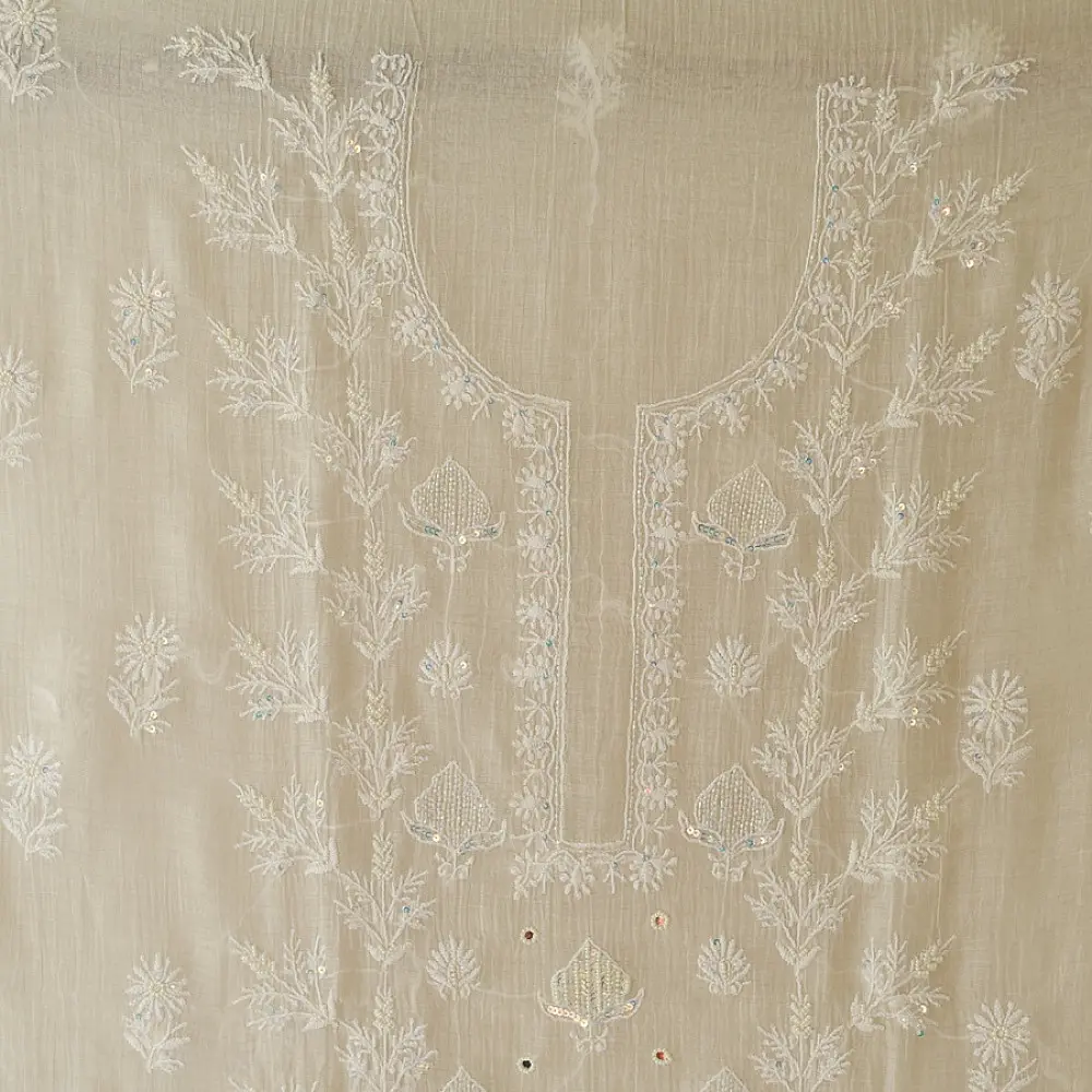 unstitched pure silk chanderi ivory chikankari kurta fabric with dupatta featuring front back resham hand embroidery and metallic mukaish work highlights
