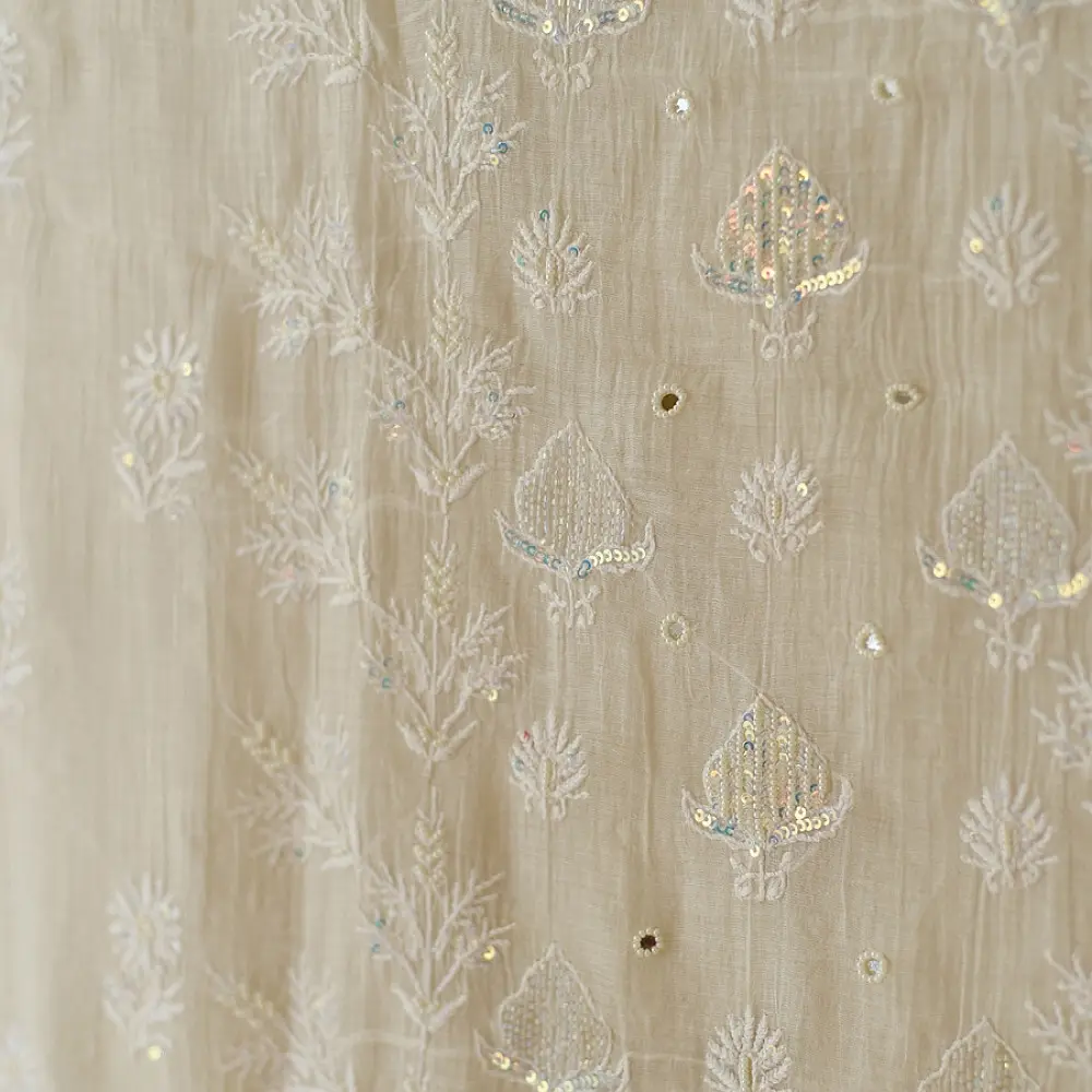 unstitched pure silk chanderi ivory chikankari kurta fabric with dupatta featuring front back resham hand embroidery and metallic mukaish work highlights