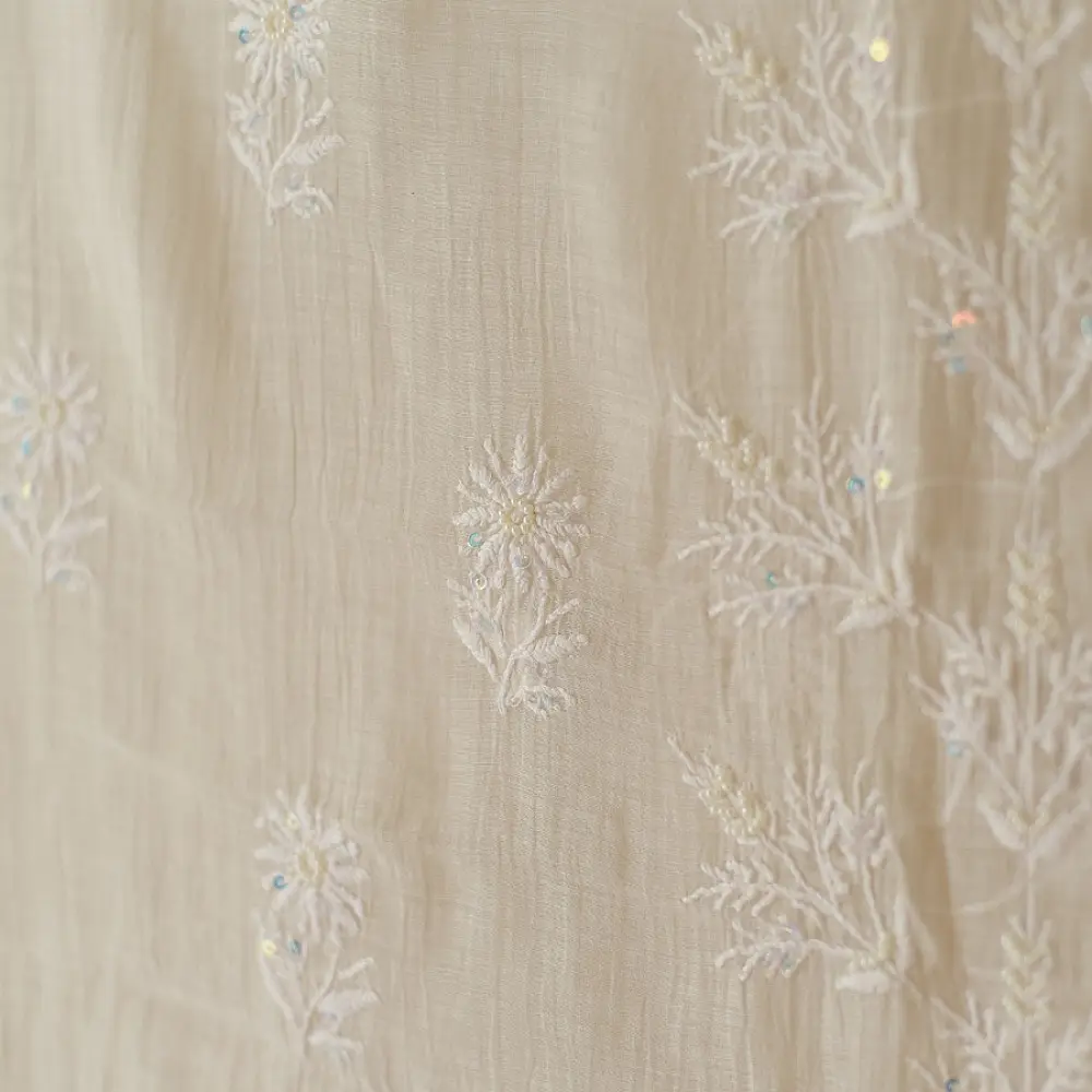 unstitched pure silk chanderi ivory chikankari kurta fabric with dupatta featuring front back resham hand embroidery and metallic mukaish work highlights