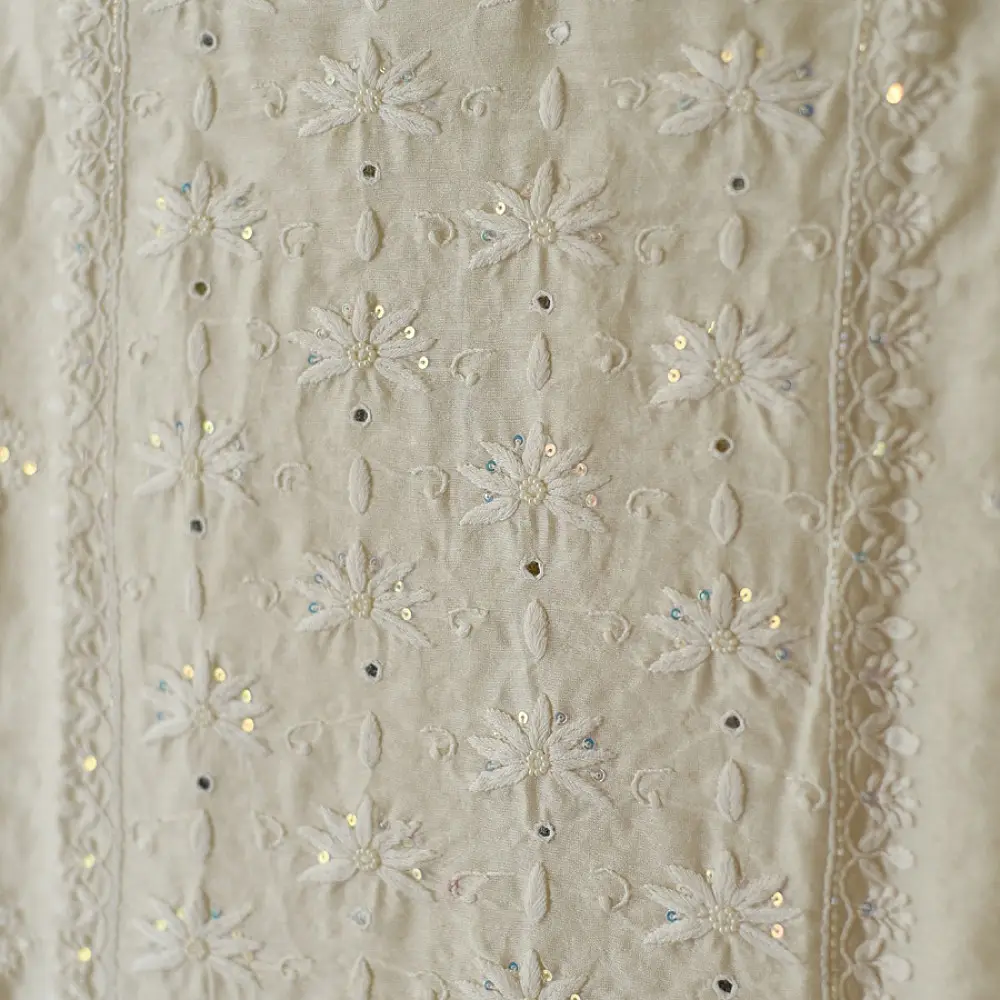 unstitched pure silk chanderi pristine white chikankari kurta fabric with dupatta featuring front back resham hand embroidery and metallic mukaish work highlights