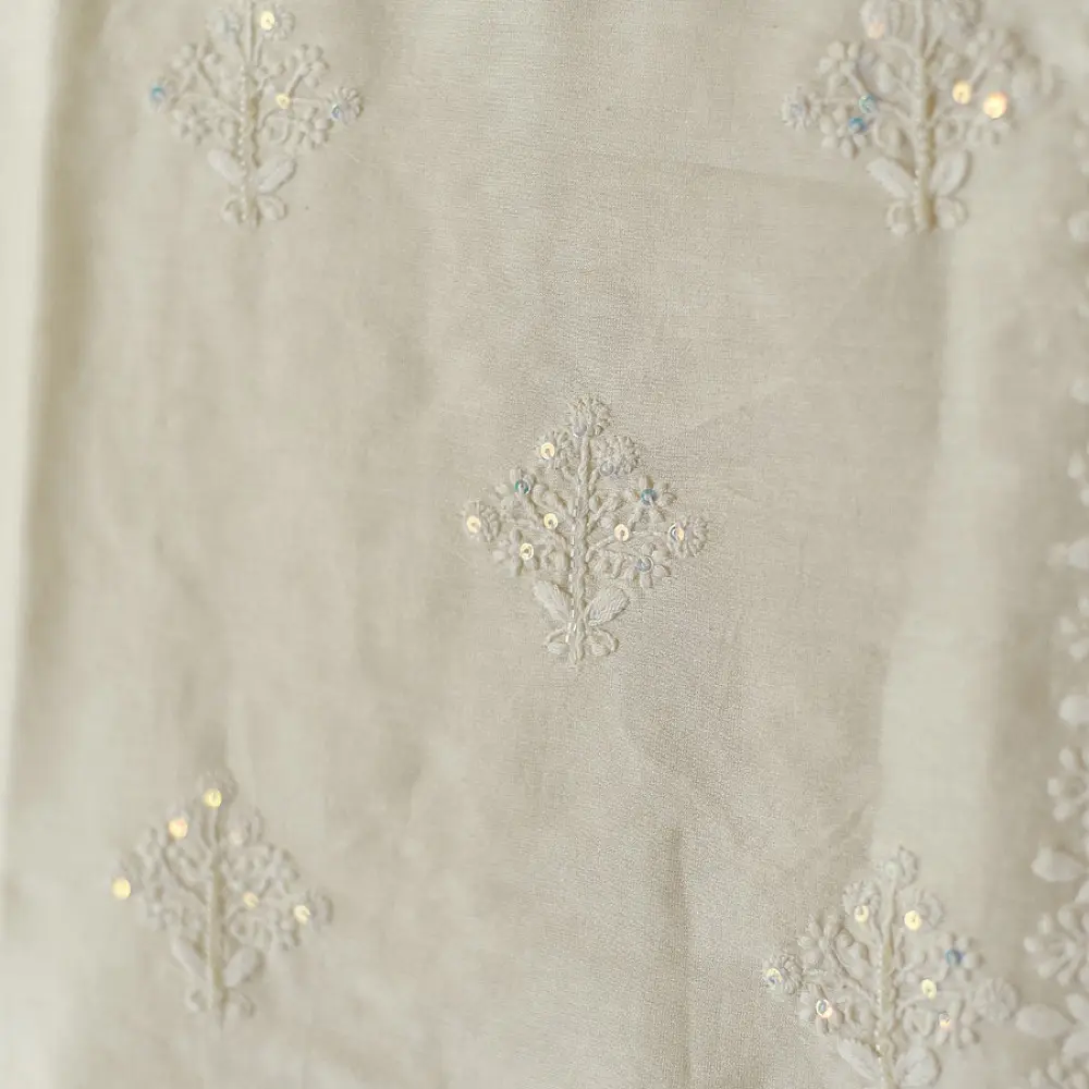 unstitched pure silk chanderi pristine white chikankari kurta fabric with dupatta featuring front back resham hand embroidery and metallic mukaish work highlights