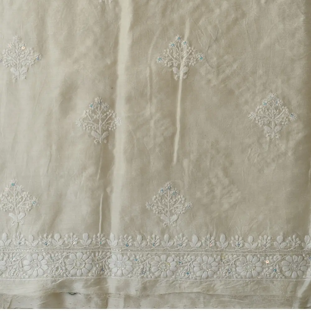 unstitched pure silk chanderi pristine white chikankari kurta fabric with dupatta featuring front back resham hand embroidery and metallic mukaish work highlights