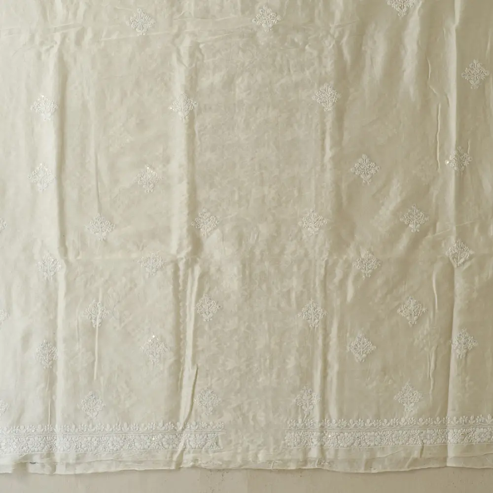 unstitched pure silk chanderi pristine white chikankari kurta fabric with dupatta featuring front back resham hand embroidery and metallic mukaish work highlights