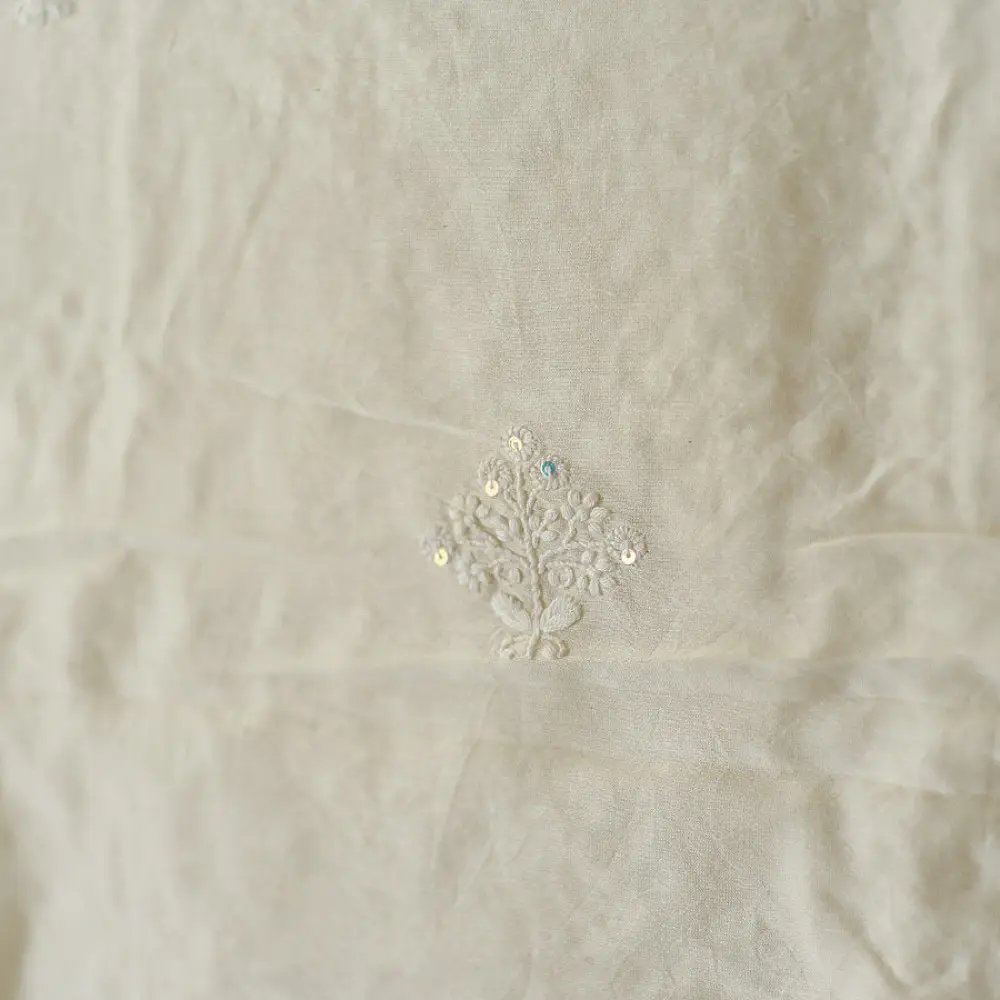 unstitched pure silk chanderi pristine white chikankari kurta fabric with dupatta featuring front back resham hand embroidery and metallic mukaish work highlights