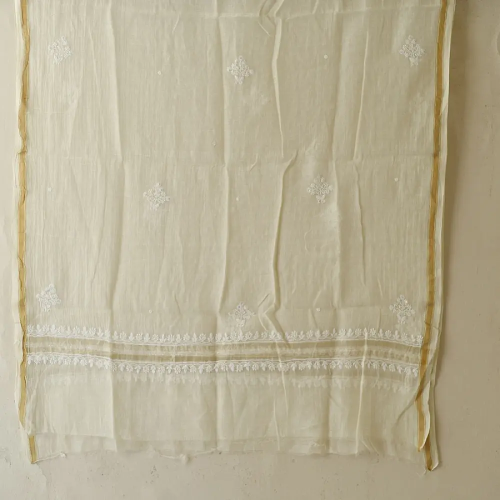 unstitched pure silk chanderi pristine white chikankari kurta fabric with dupatta featuring front back resham hand embroidery and metallic mukaish work highlights