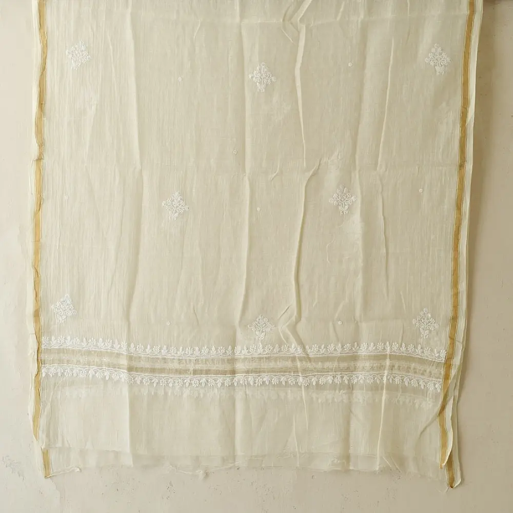unstitched pure silk chanderi pristine white chikankari kurta fabric with dupatta featuring front back resham hand embroidery and metallic mukaish work highlights