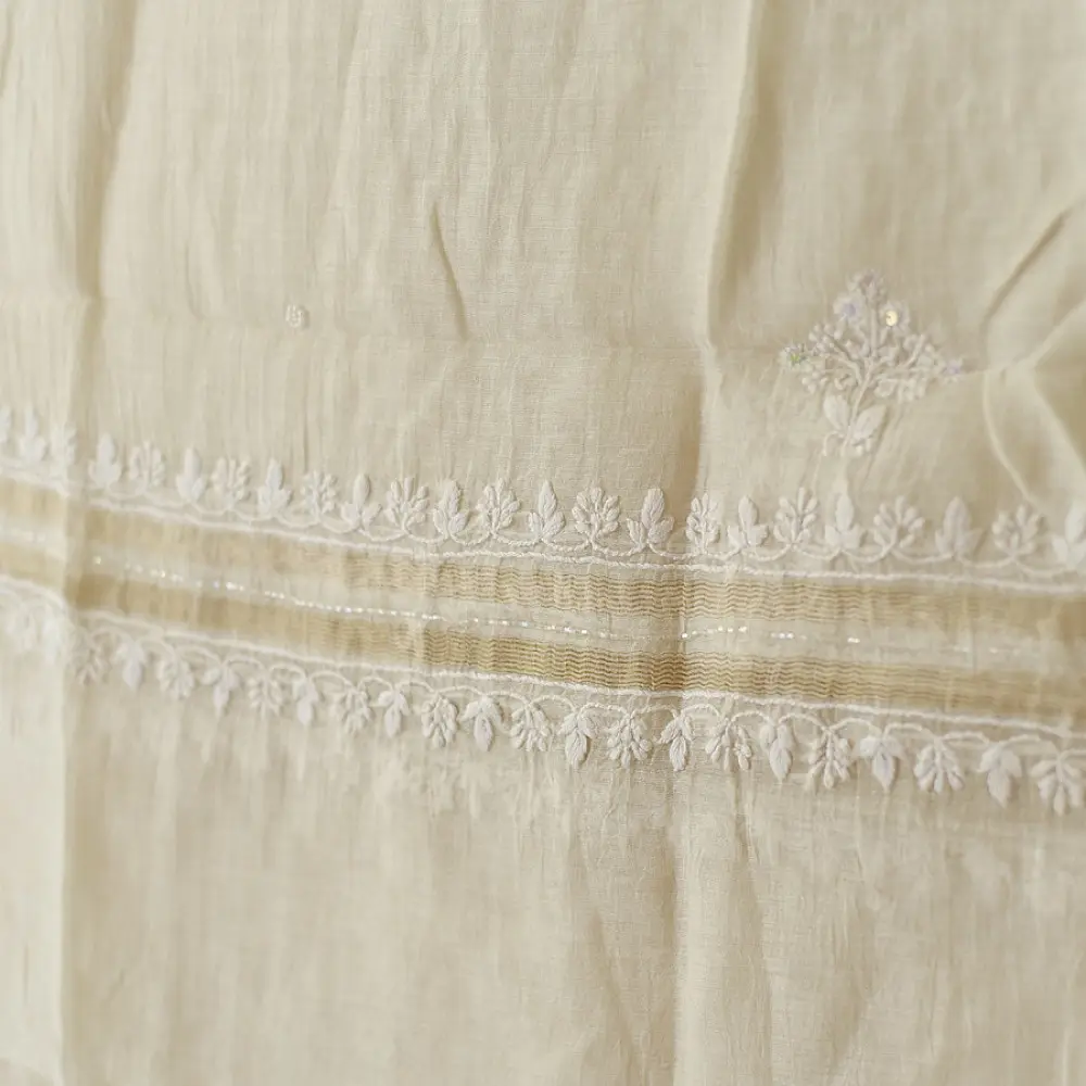 unstitched pure silk chanderi pristine white chikankari kurta fabric with dupatta featuring front back resham hand embroidery and metallic mukaish work highlights