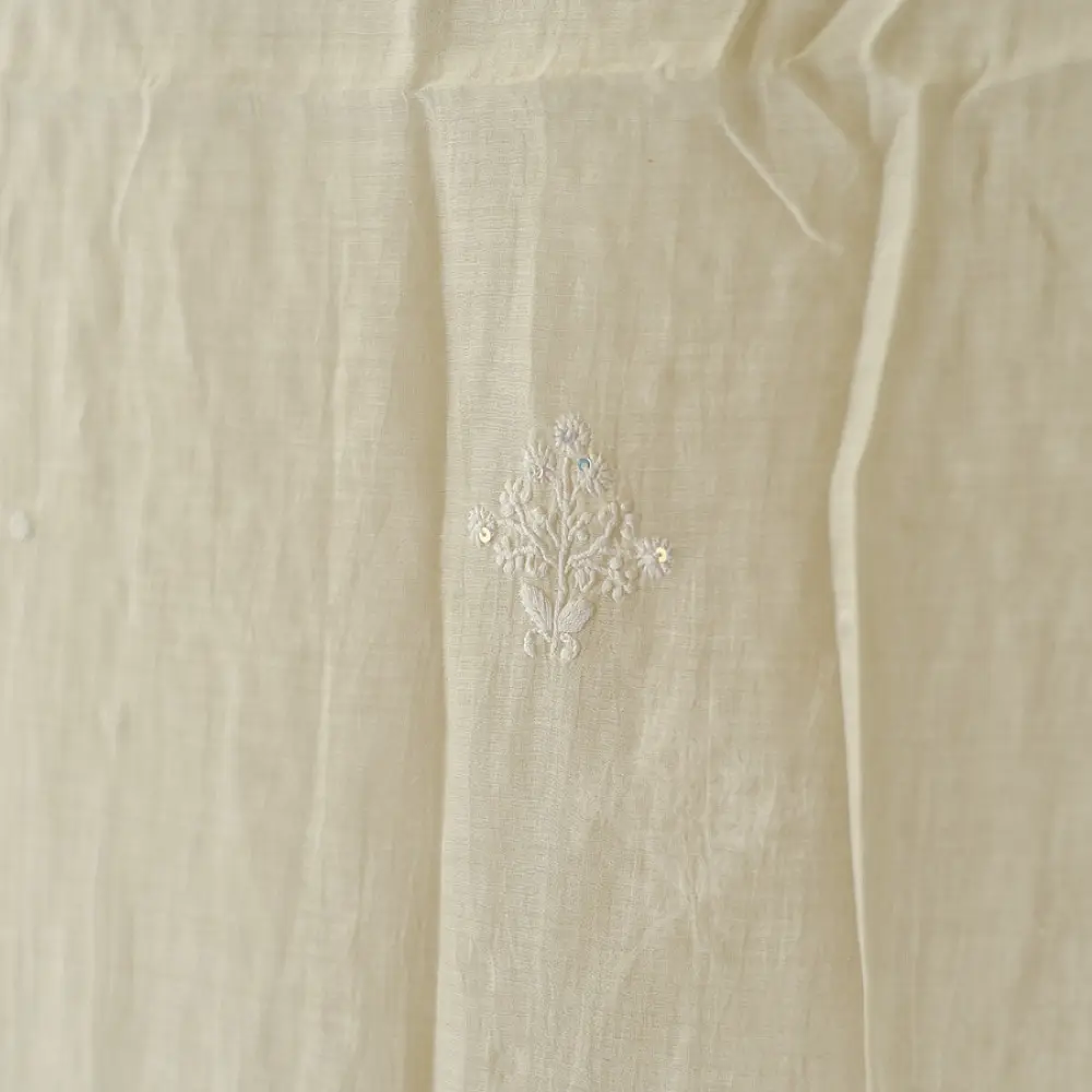 unstitched pure silk chanderi pristine white chikankari kurta fabric with dupatta featuring front back resham hand embroidery and metallic mukaish work highlights