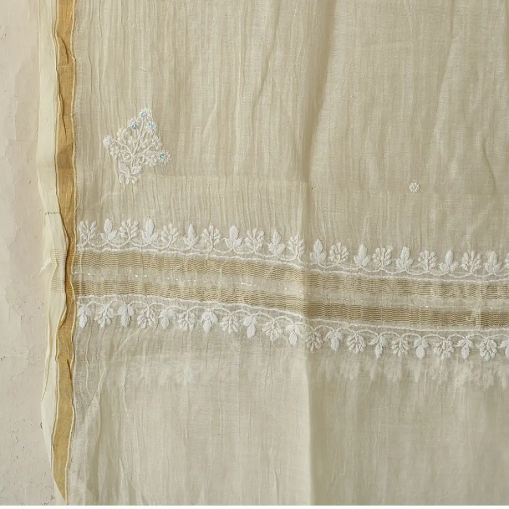 unstitched pure silk chanderi pristine white chikankari kurta fabric with dupatta featuring front back resham hand embroidery and metallic mukaish work highlights
