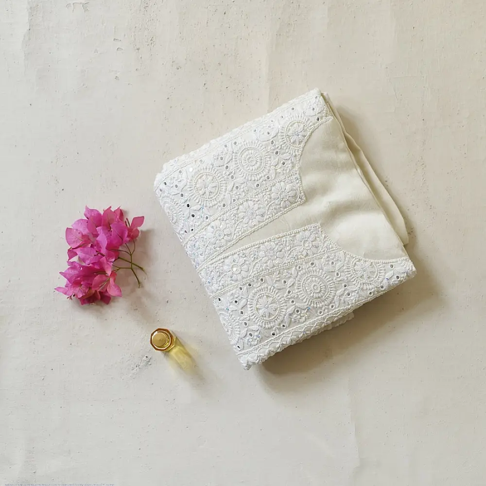 unstitched pure silk chanderi pristine white chikankari kurta fabric with dupatta featuring front back resham hand embroidery and metallic mukaish work highlights