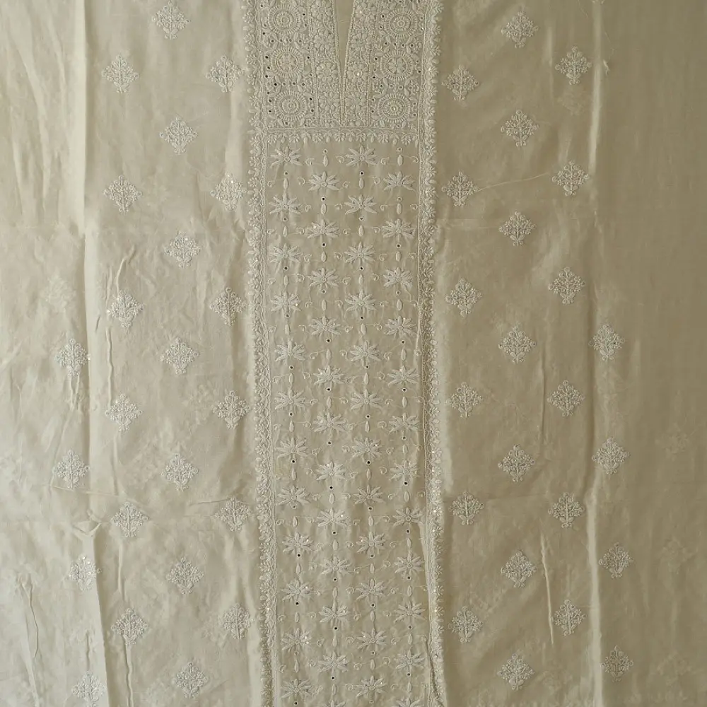 unstitched pure silk chanderi pristine white chikankari kurta fabric with dupatta featuring front back resham hand embroidery and metallic mukaish work highlights