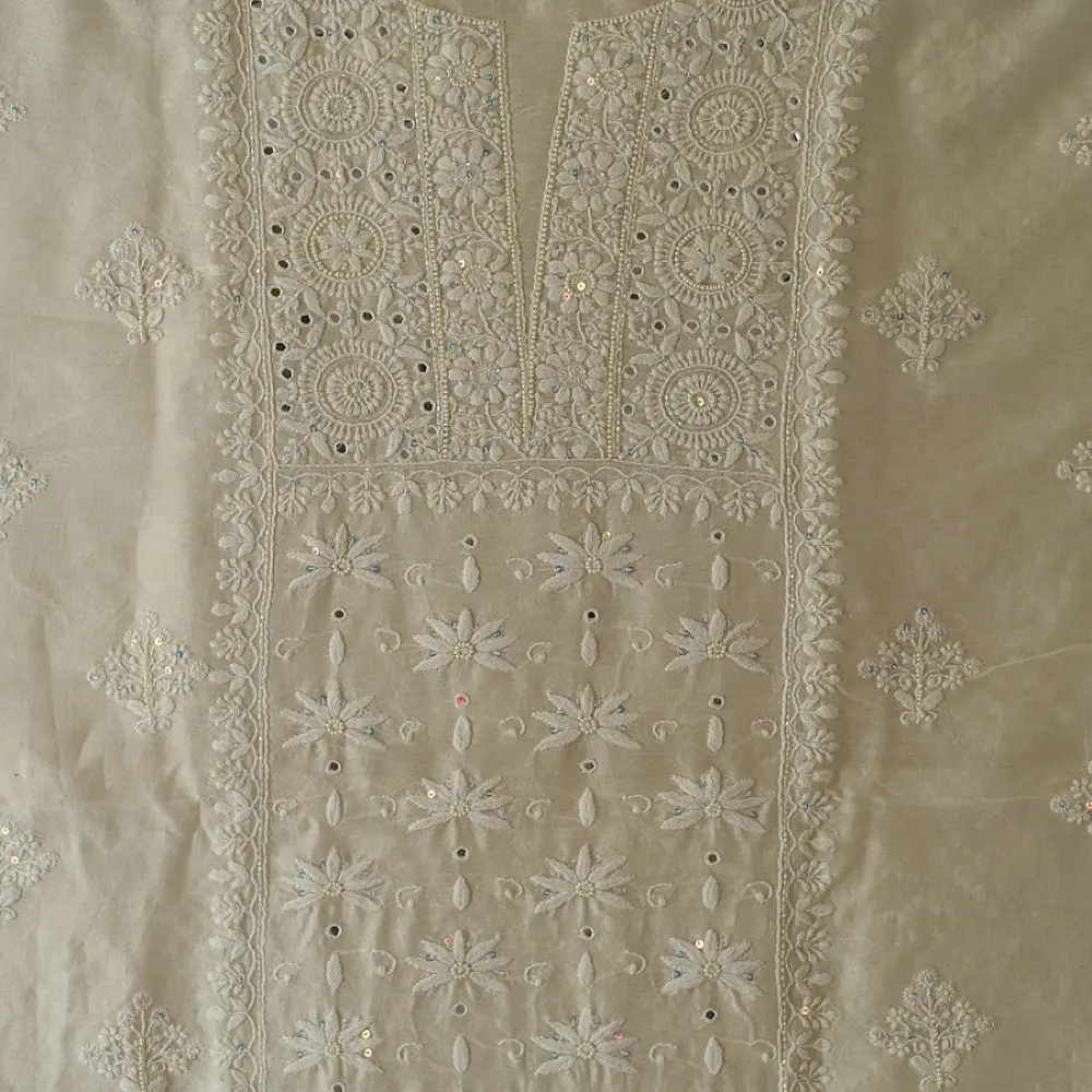 unstitched pure silk chanderi pristine white chikankari kurta fabric with dupatta featuring front back resham hand embroidery and metallic mukaish work highlights