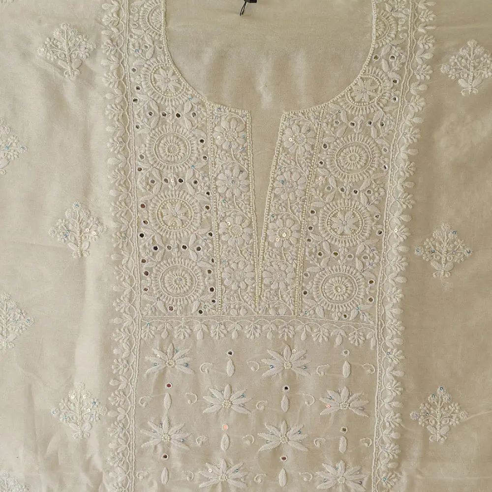 unstitched pure silk chanderi pristine white chikankari kurta fabric with dupatta featuring front back resham hand embroidery and metallic mukaish work highlights