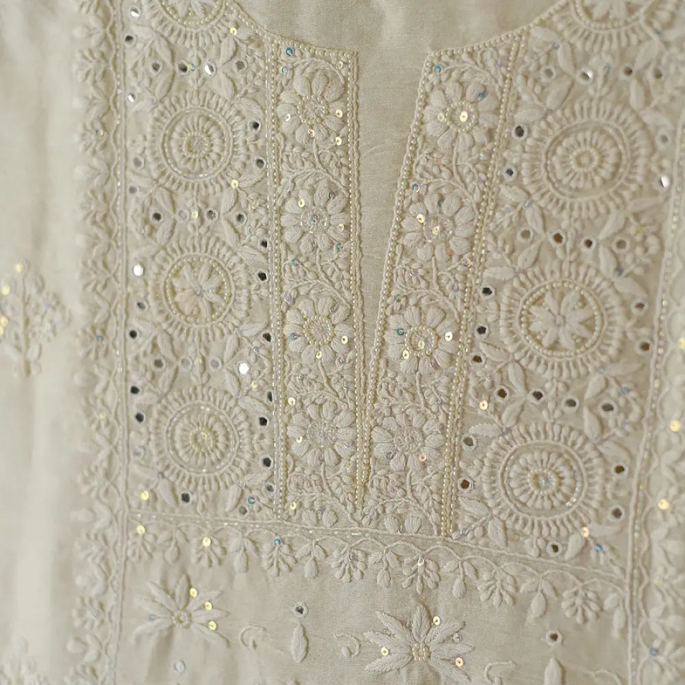 unstitched pure silk chanderi pristine white chikankari kurta fabric with dupatta featuring front back resham hand embroidery and metallic mukaish work highlights
