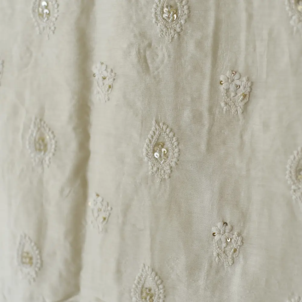 unstitched pure silk chanderi kurti fabric in luminous pearl white featuring hand embroidered chikankari resham work and delicate mukaish highlights   
