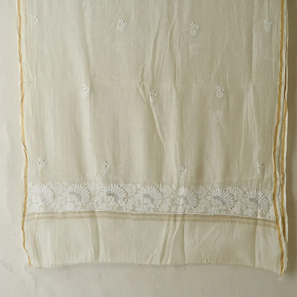 unstitched pure silk chanderi kurti fabric in luminous pearl white featuring hand embroidered chikankari resham work and delicate mukaish highlights   
