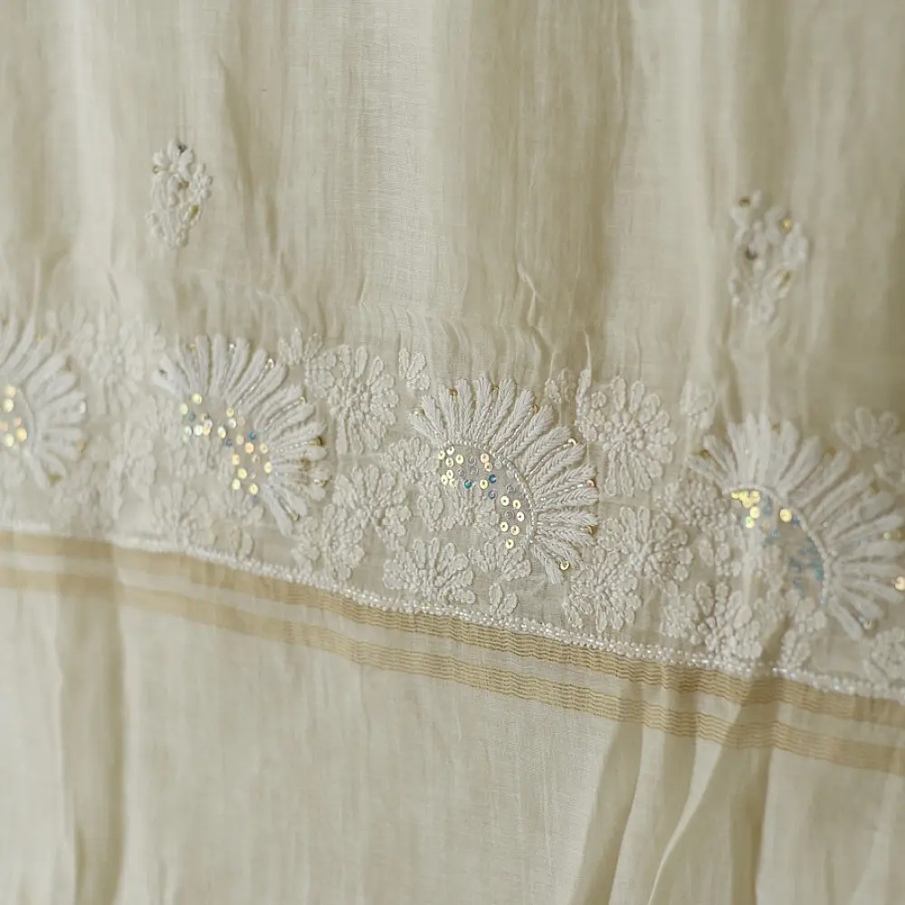 unstitched pure silk chanderi kurti fabric in luminous pearl white featuring hand embroidered chikankari resham work and delicate mukaish highlights   