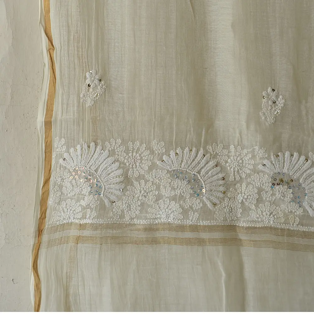 unstitched pure silk chanderi kurti fabric in luminous pearl white featuring hand embroidered chikankari resham work and delicate mukaish highlights   