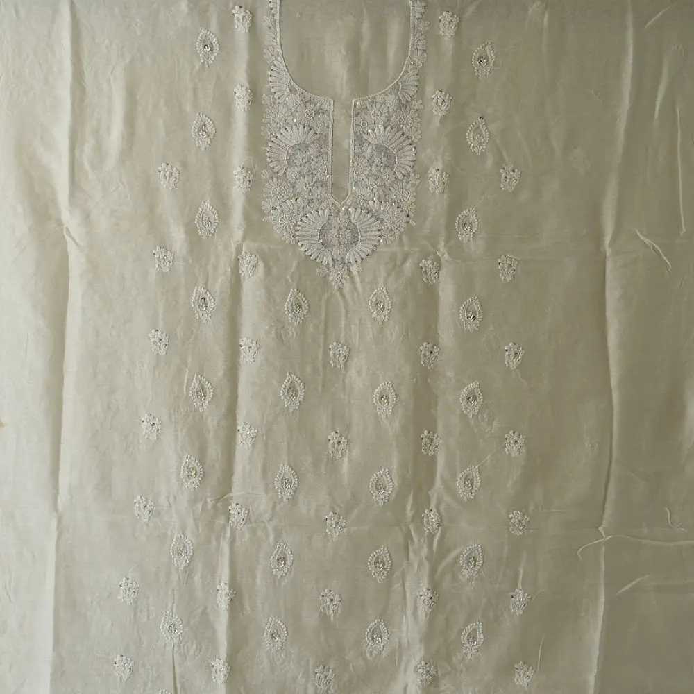unstitched pure silk chanderi kurti fabric in luminous pearl white featuring hand embroidered chikankari resham work and delicate mukaish highlights   