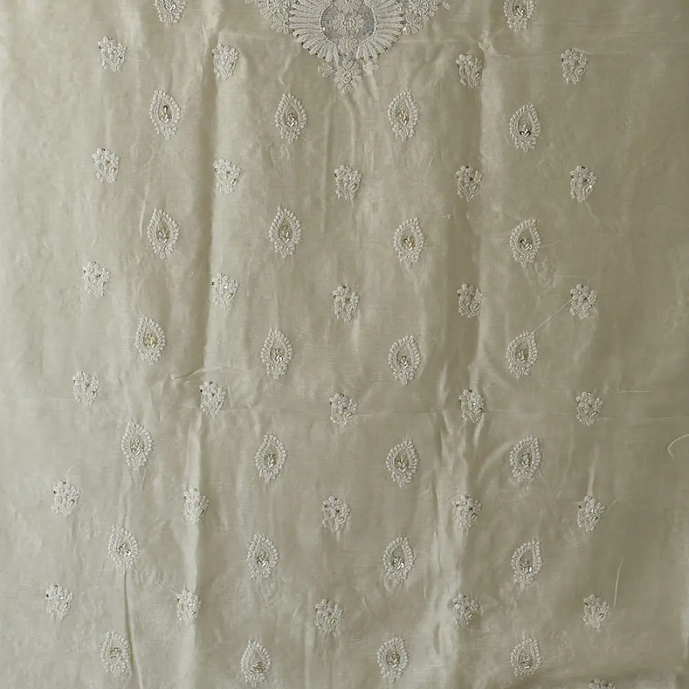 unstitched pure silk chanderi kurti fabric in luminous pearl white featuring hand embroidered chikankari resham work and delicate mukaish highlights   