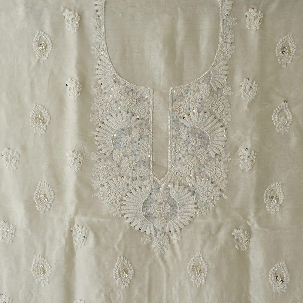 unstitched pure silk chanderi kurti fabric in luminous pearl white featuring hand embroidered chikankari resham work and delicate mukaish highlights   