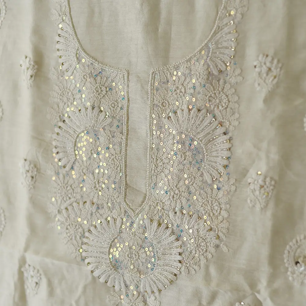 unstitched pure silk chanderi kurti fabric in luminous pearl white featuring hand embroidered chikankari resham work and delicate mukaish highlights   