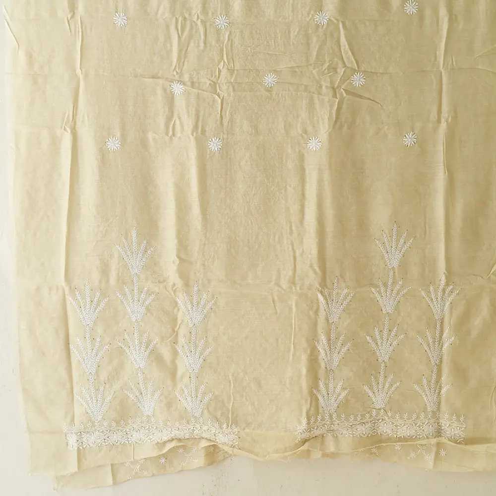 unstitched pure silk moonga chikankari kurti fabric with dupatta in light golden beige with hand embroidered resham work and mukaish highlights