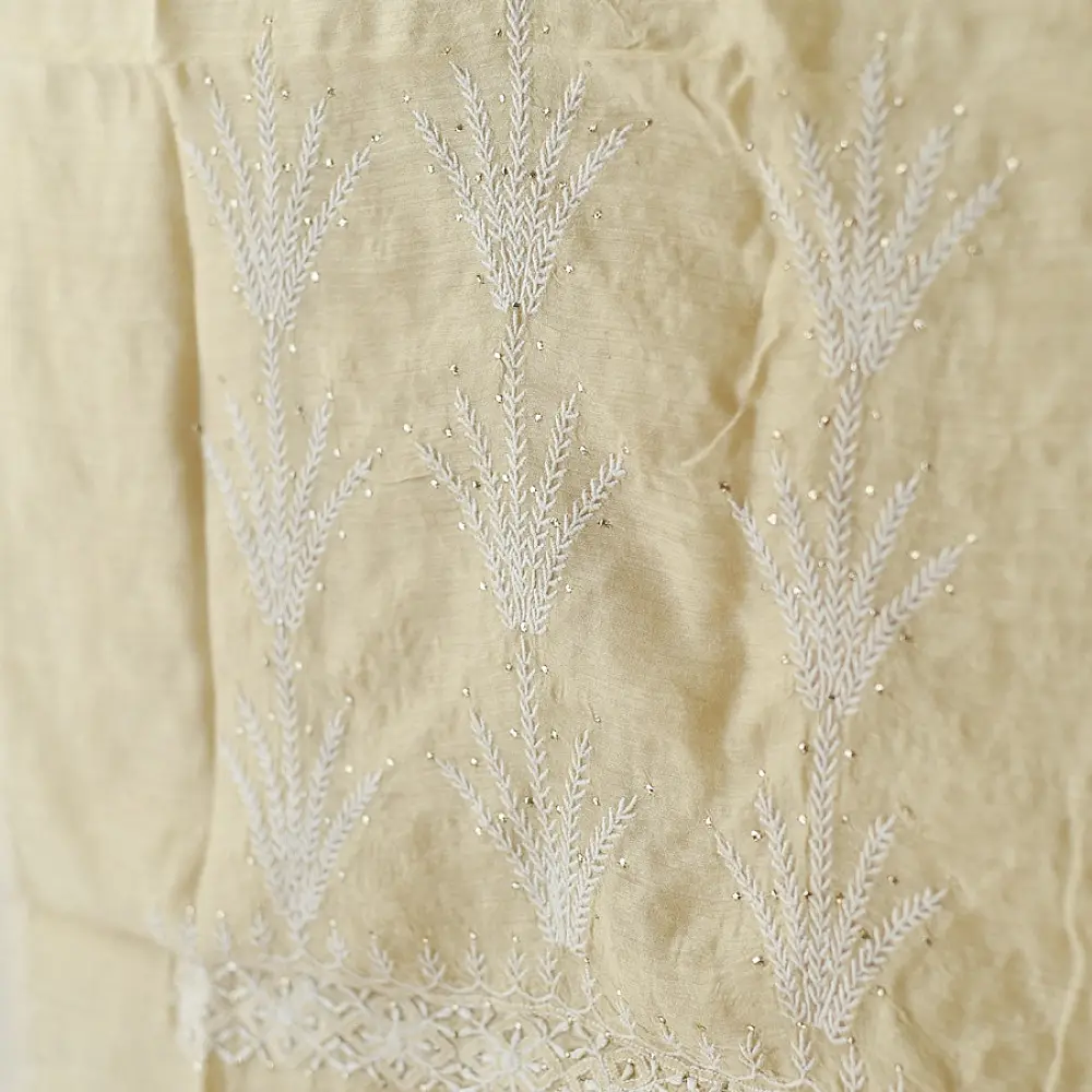 unstitched pure silk moonga chikankari kurti fabric with dupatta in light golden beige with hand embroidered resham work and mukaish highlights