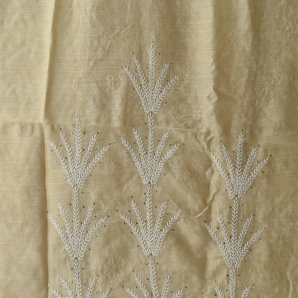 unstitched pure silk moonga chikankari kurti fabric with dupatta in light golden beige with hand embroidered resham work and mukaish highlights